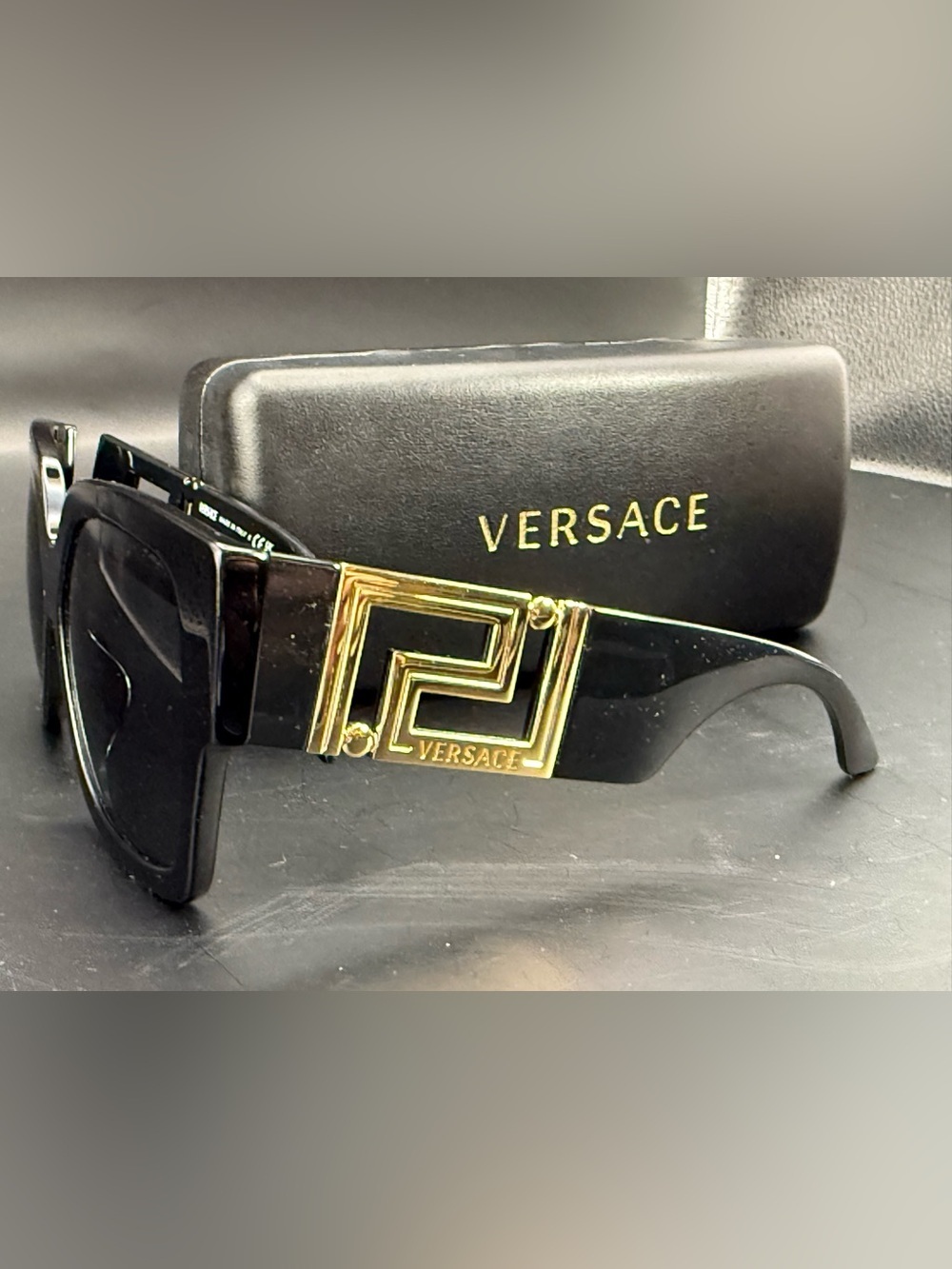 Versace Black Sunglasses with Gold Greek Key Accent Brand New in Box